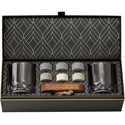 ROCKS Whiskey Chilling Stones With 2 Crystal Signature Whiskey Glasses - The Connoisseur's Gift Set